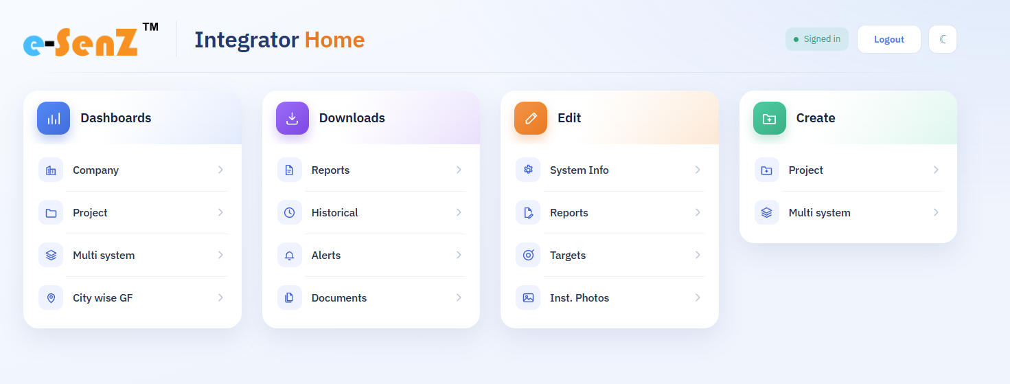 eSenZ Integrator home with links to company, project and multi system dashboards, downloads, edit and create tools